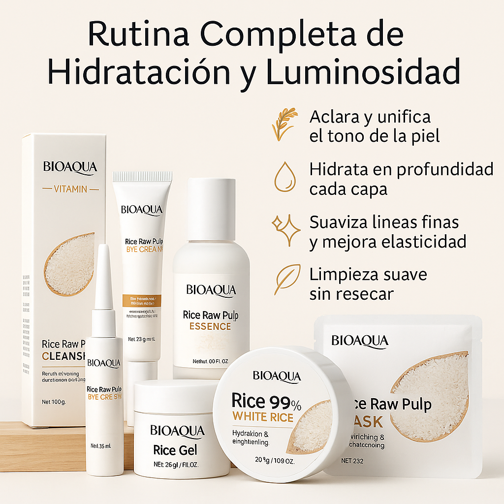 Kit Facial Bioaqua Arroz x6 | Limpieza, Hidratación y Luminosidad Natural